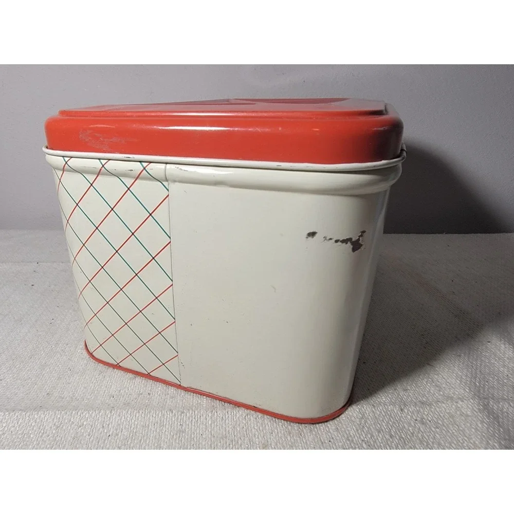 Vintage Tin Metal Breadbox Cream Red Floral Lattice Print Kitchen Storage Box